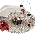 Modern White Sofa and Geometric Coffee Table Set With Patterned Rug Red Chair Floor Lamp