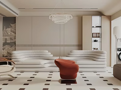 Modern Living Room Interior With White Curved Sofa Orange Accent Chair And Geometric Floor Tiles 3d model