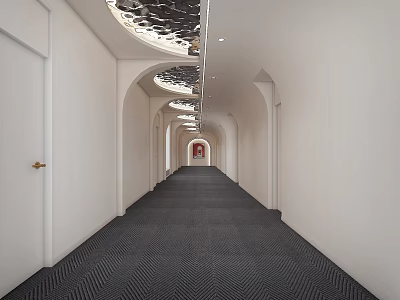 Elevator Hallway With White Walls Arched Doorways Dark Carpet And Ceiling Decor 3d model