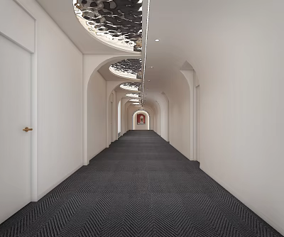 Elevator Hallway With White Walls Arched Doorways Dark Carpet And Ceiling Decor 3d model