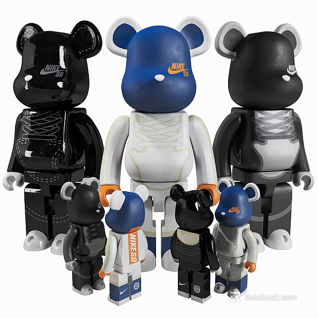 Decorative Bear Figurine Set With Blue Black White Designs And Multiple Sizes 3d model 