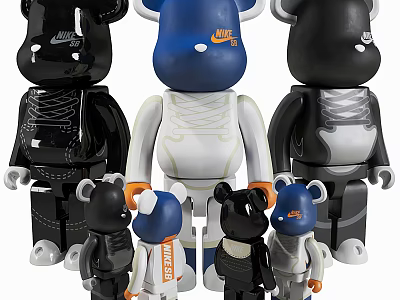 Decorative Bear Figurine Set With Blue Black White Designs And Multiple Sizes 3d model