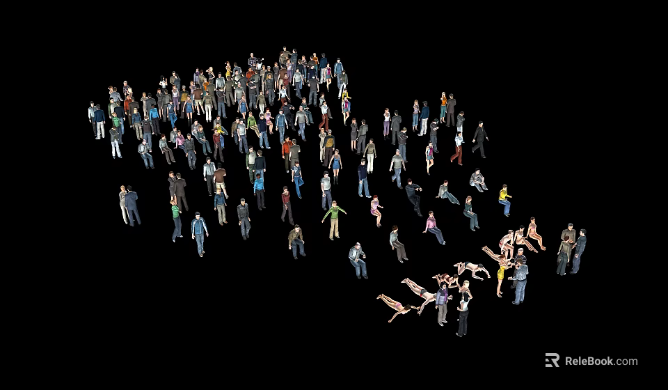 Group of People in Various Poses Standing Lying and Walking on Black Background 3d model 