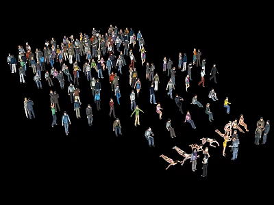 Group of People in Various Poses Standing Lying and Walking on Black Background 3d model