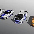 Sporty Racing Cars With Rear Spoilers Blue Stripes And Orange Accents