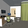 Medical Examination Room Interior With White Walls Ceiling Lights Desk And Green Curtain