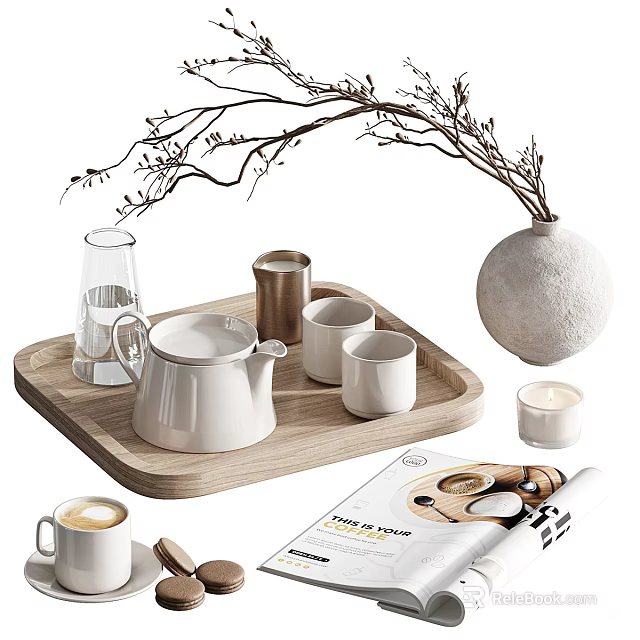 Elegant White Tea Set with Wooden Tray Decorative Vase Candle and Magazine 3d model 