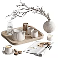 Elegant White Tea Set with Wooden Tray Decorative Vase Candle and Magazine