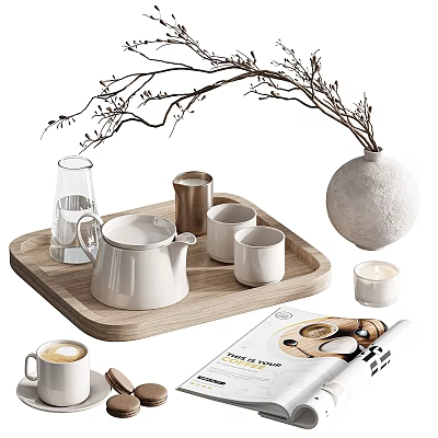 Elegant White Tea Set with Wooden Tray Decorative Vase Candle and Magazine 3d model