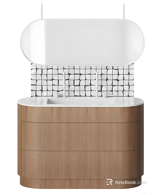 Modern Bathroom Vanity with Round Mirror Black White Grid Tile Backsplash and Wooden Cabinet 3d model 