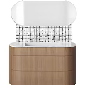 Modern Bathroom Vanity with Round Mirror Black White Grid Tile Backsplash and Wooden Cabinet