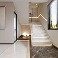 Modern Interior Staircase Entrance With Marble Flooring Artwork Lighting Large Window And Green Plant