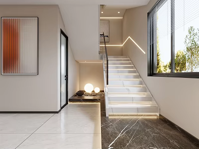 Modern Interior Staircase Entrance With Marble Flooring Artwork Lighting Large Window And Green Plant 3d model