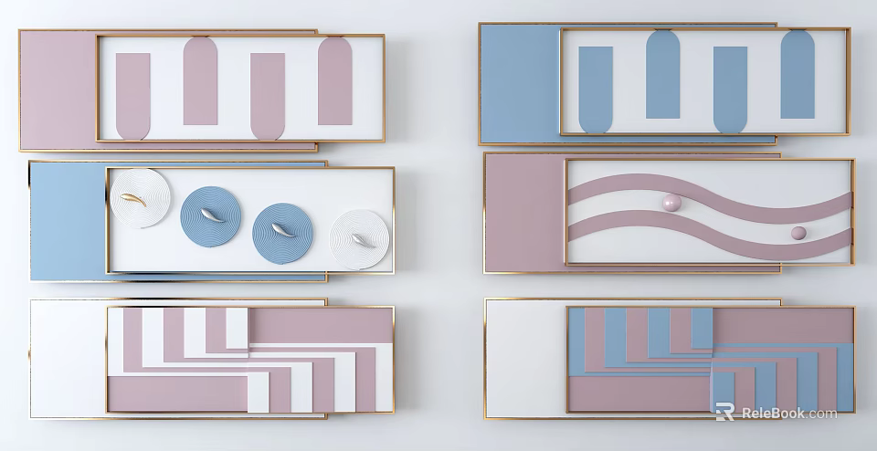 Modern Geometric Wall Decor With Pink Blue White Patterns And Gold Frames 3d model
