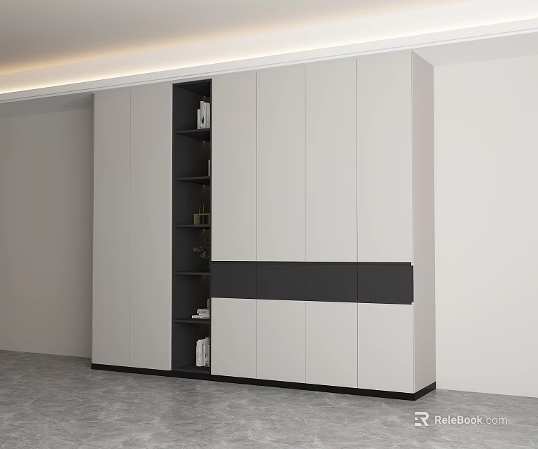 Sleek Modern Wardrobe With White Gray Finish Open Shelf Section And Black Accent Panel 3d model 