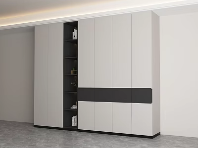 Sleek Modern Wardrobe With White Gray Finish Open Shelf Section And Black Accent Panel 3d model