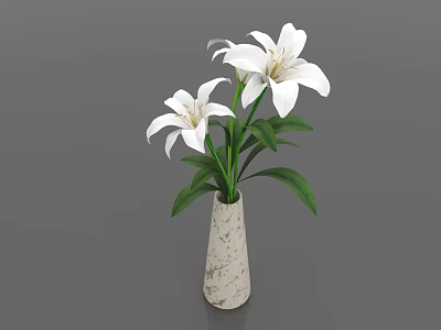 White Lilies in Light Colored Textured Vase with Green Leaves 3d model