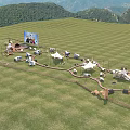 Beautiful Garden Landscape With Green Grassland White Tents Lighting Decorations And Distant Hills
