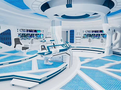 Futuristic Control Room Interior With Blue White Design And Tech Control Panels 3d model