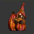 Gnome Figurine Sitting On Striped Orange Pumpkin With Red Orange Hat