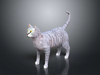 Striped Gray Cat With Yellow Eyes Standing On Black Surface Against Gray Background 3d model