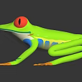 Vibrant Green Frog with Red Eyes Blue Legs and Orange Toes on Dark Reflective Surface