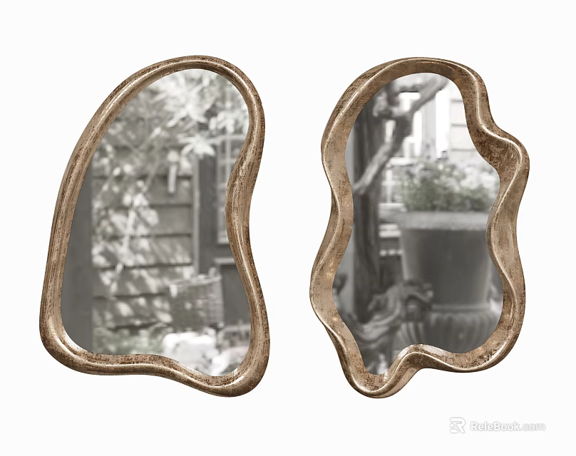 Irregular Shaped Golden Frame Mirrors Reflecting Garden Plants And Architecture 3d model