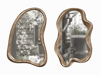 Irregular Shaped Golden Frame Mirrors Reflecting Garden Plants And Architecture 3d model