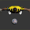 Man in Yellow and Black Striped Jersey Standing with Soccer Ball on Gray Background