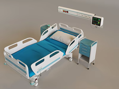 Medical Single Bed with Blue Mattress White Frame Bedside Cabinet and Medical Monitor 3d model