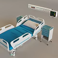 Medical Single Bed with Blue Mattress White Frame Bedside Cabinet and Medical Monitor