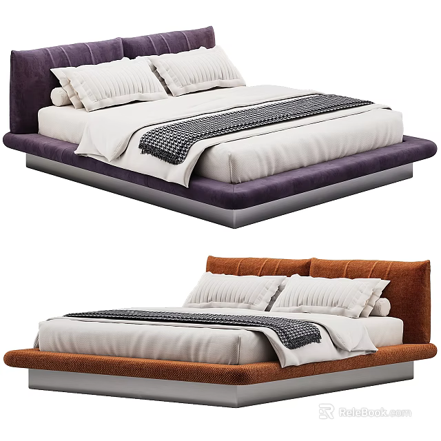 Modern double bed with purple and orange upholstered headboard and white bedspread pillows 3d model 