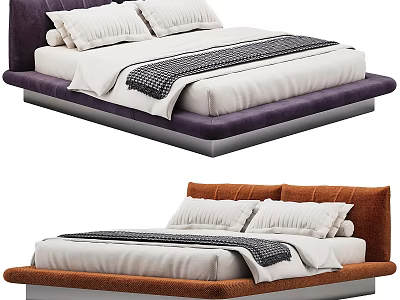 Modern double bed with purple and orange upholstered headboard and white bedspread pillows 3d model