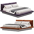 Modern double bed with purple and orange upholstered headboard and white bedspread pillows