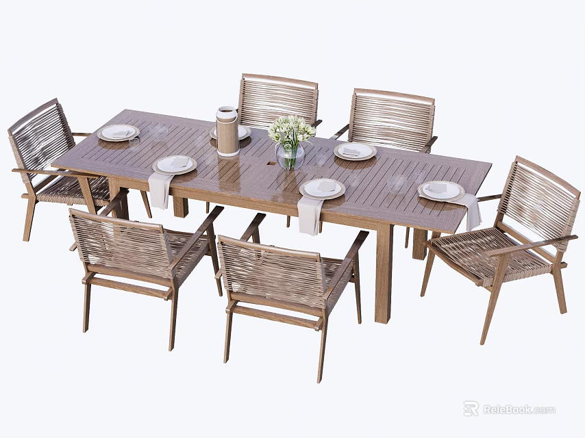 Garden Landscape Outdoor Dining Area With Wooden Table Rattan Chairs Tableware And Vase 3d model 