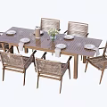 Garden Landscape Outdoor Dining Area With Wooden Table Rattan Chairs Tableware And Vase