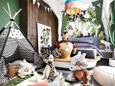 Playful Kids Room Interior With Teepee Tent Stuffed Animals And Colorful Pendant Light 3d model