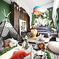 Playful Kids Room Interior With Teepee Tent Stuffed Animals And Colorful Pendant Light