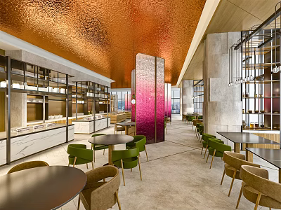 Modern Restaurant Interior With Copper Ceiling Green Chairs Purple Columns And Marble Tables 3d model