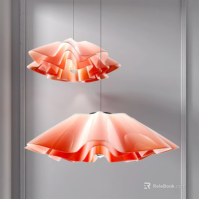 Two Coral Pleated Pendant Lights With Translucent Ruffled Design Hanging In Minimalist Grey Space 3d model 