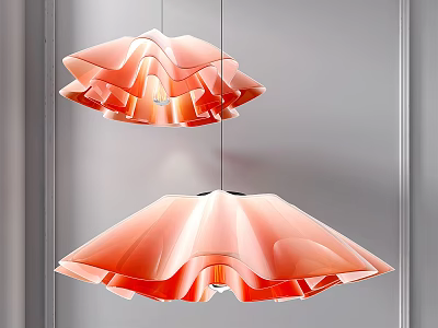 Two Coral Pleated Pendant Lights With Translucent Ruffled Design Hanging In Minimalist Grey Space 3d model