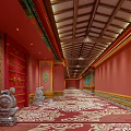 Traditional Chinese Architecture Red Door With Gold Nails Stone Lions And Decorative Beams