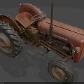 Vintage Red Functional Tractor With Rusty Body Large Tires Seat And Exhaust Pipe