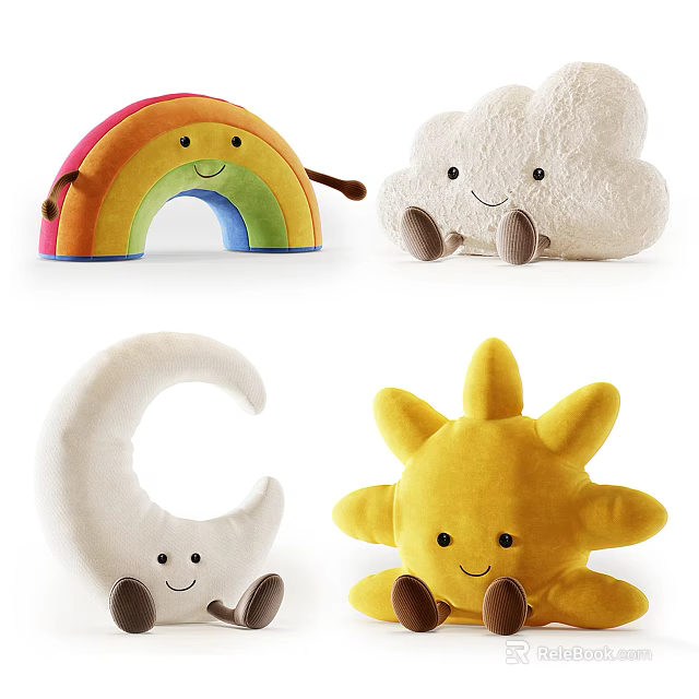 Cute Cartoon Rainbow Cloud Moon Sun Shaped Pillows With Smiling Faces And Small Feet 3d model 