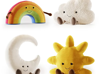 Cute Cartoon Rainbow Cloud Moon Sun Shaped Pillows With Smiling Faces And Small Feet 3d model