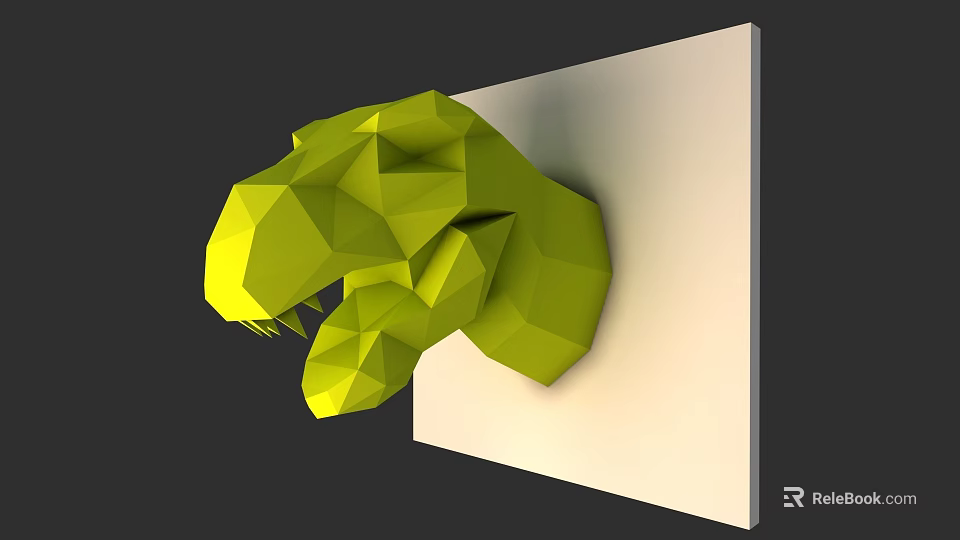 Green Low Poly Dinosaur Head Sculpture Wall Mounted On White Panel 3d model