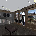 Modern Boutique Clothing Store Interior With Wooden Shelves Hanging Clothes And Brown Bench