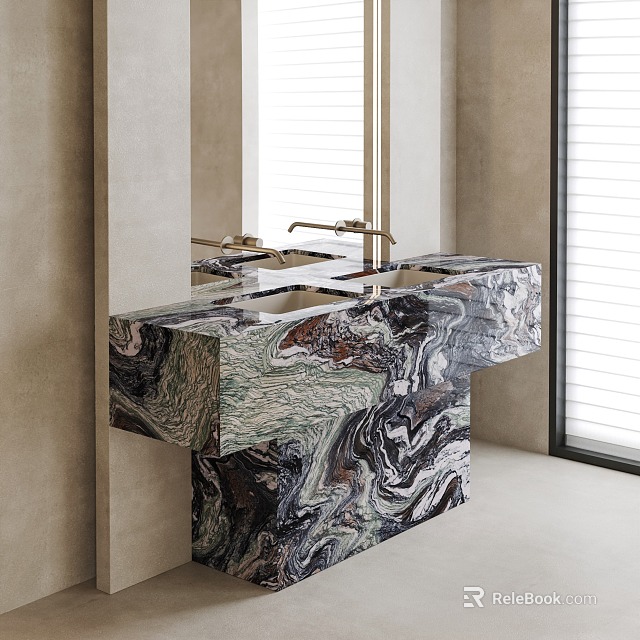 Sleek Modern Bathroom Vanity With Marbled Countertop And Gold Faucet Near Window With Natural Light 3d model 