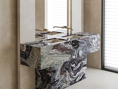 Sleek Modern Bathroom Vanity With Marbled Countertop And Gold Faucet Near Window With Natural Light 3d model