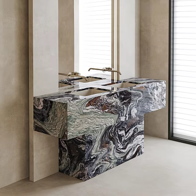Sleek Modern Bathroom Vanity With Marbled Countertop And Gold Faucet Near Window With Natural Light 3d model